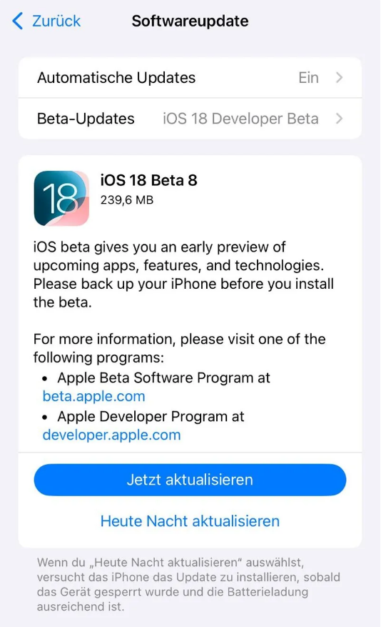 铜官苹果手机维修分享苹果 iOS / iPadOS 18 开发者预览版 Beta 8 发布 